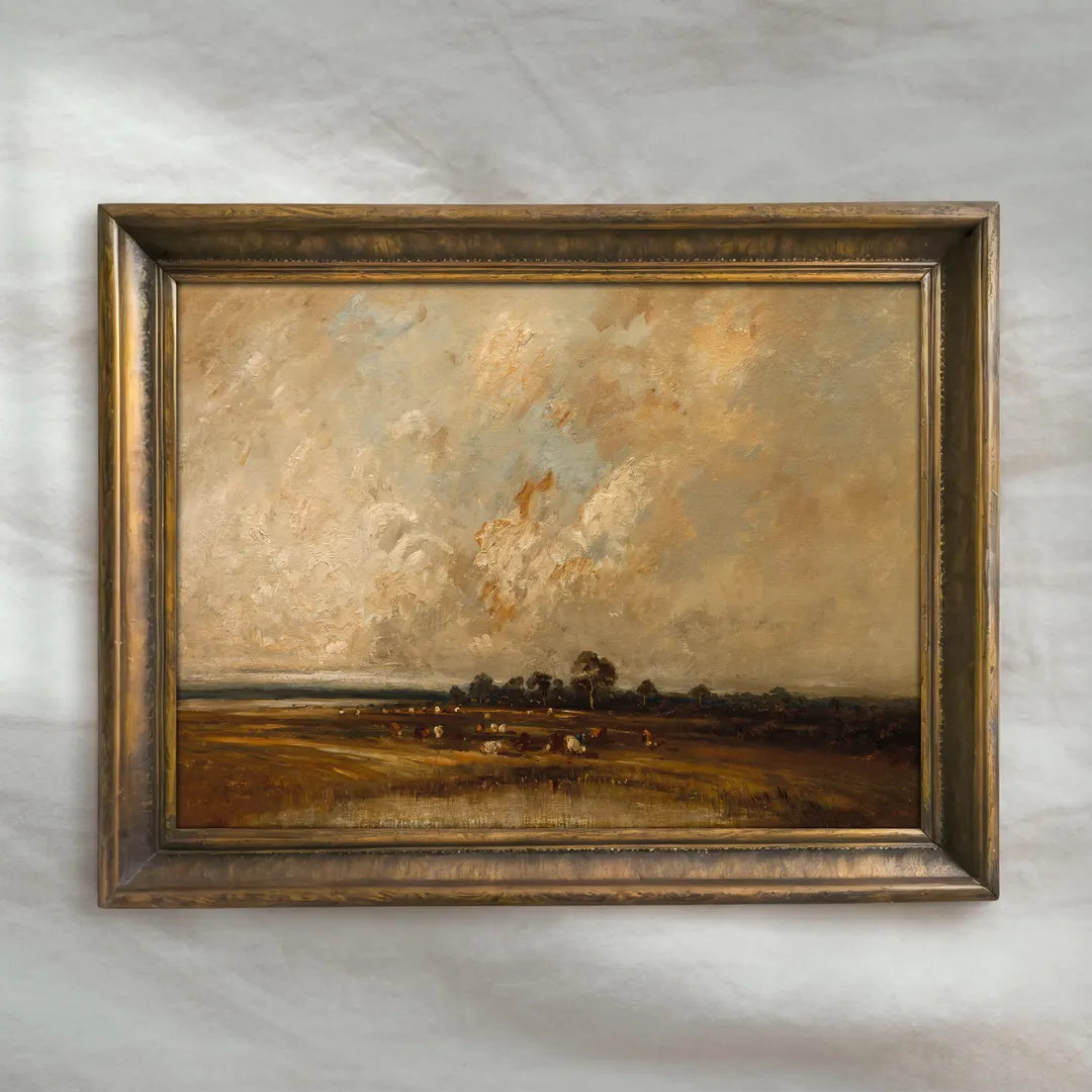 Rustic Cattle Painting | Vintage Rural Landscape Artwork | Antique Countryside Field Wall Art | M... | Etsy (US)