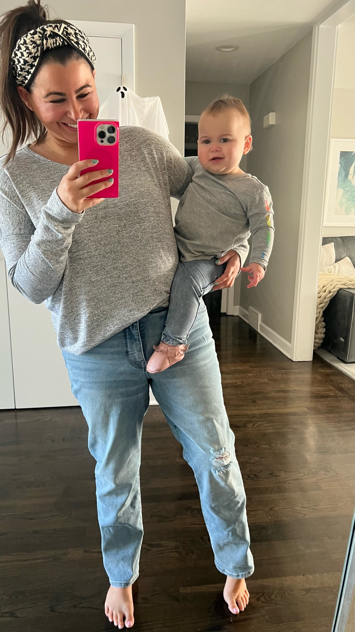 Mom + baby ootd! Gray long sleeve top, straight leg jeans, chaser lightning long sleeve shirt, baby legging jeans, freshly picked moccs

#LTKfamily #LTKkids #LTKbaby