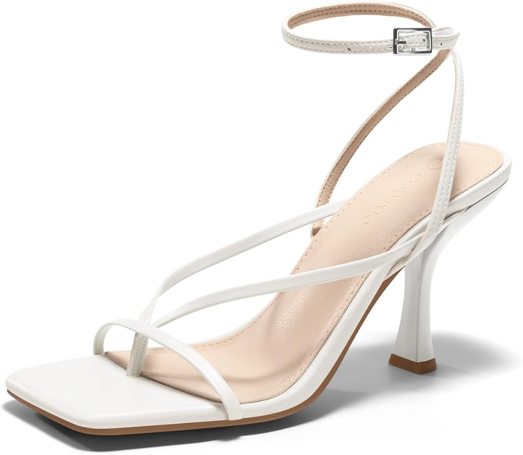 Coutgo Womens Strappy Kitten Heels Sandals Square Open Toe Flip Flops Summer Dress Shoes | Amazon (US)