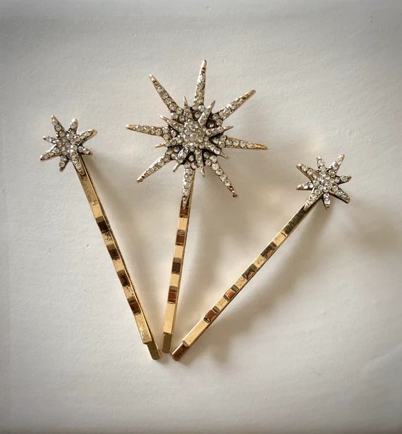 Gold Starburst Star Crystal Hair Clip Bobby Pin Brass Barrette Set of 3 | Etsy (US)