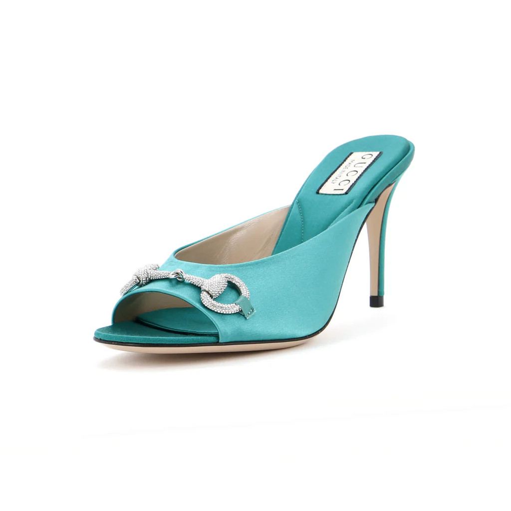 Women's Horsebit Heeled Mule Sandals Satin with Crystals | Rebag