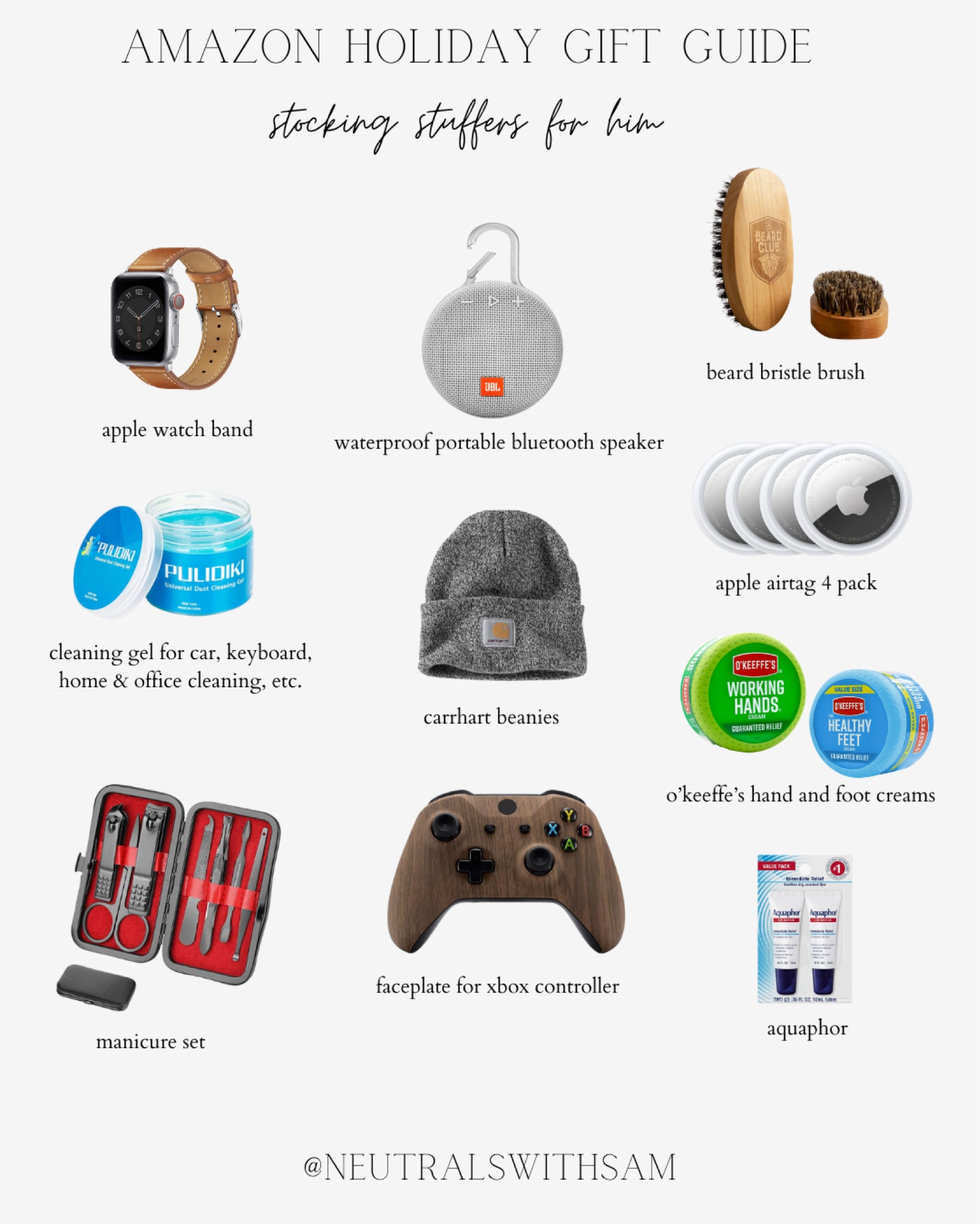 Amazon stocking stuffers for him! 

Simple gift guide for the men in your life 🤍

Apple Watch band, carrhart beanie, aquaphor, manicure set, hand cream, foot cream, AirTags, beard brush, portable Bluetooth speaker 

#LTKFindsUnder50 #LTKGiftGuide #LTKHoliday