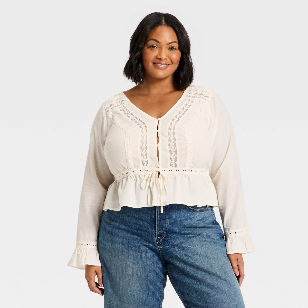 Women's Ruffle Long Sleeve Lace Trim Blouse - Universal Thread™ Cream 2X | Target