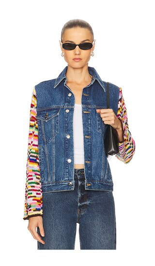 Monse Crochet Sleeves Denim Jacket in Blue. - size 6/L | Revolve Clothing (Global)