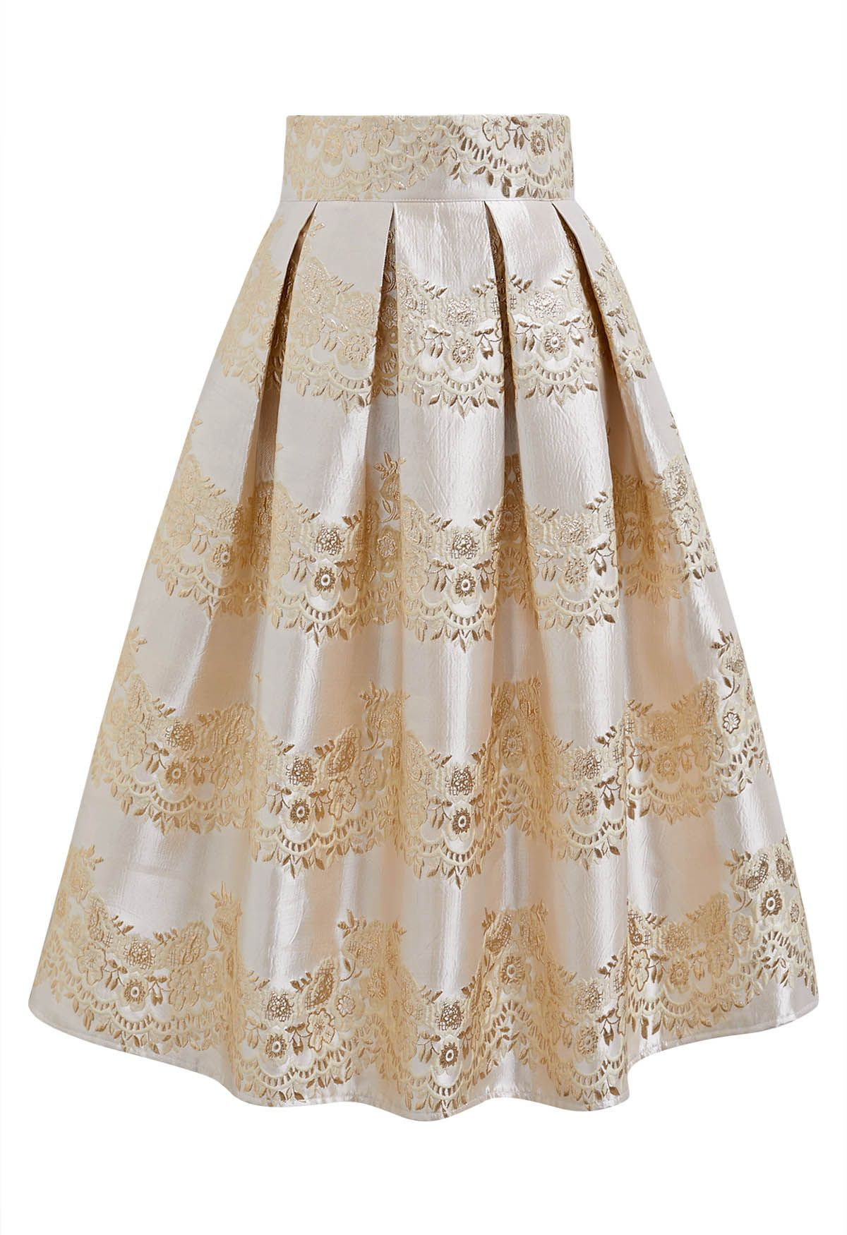 Magnificent Floral Jacquard Pleated Midi Skirt in Champagne | Chicwish