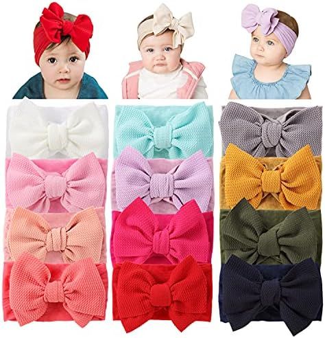 Cinaci 12 Pack Solid Stretchy Nylon Headbands with Big Bow Hair Accessories Wide Headwraps for Baby  | Amazon (US)