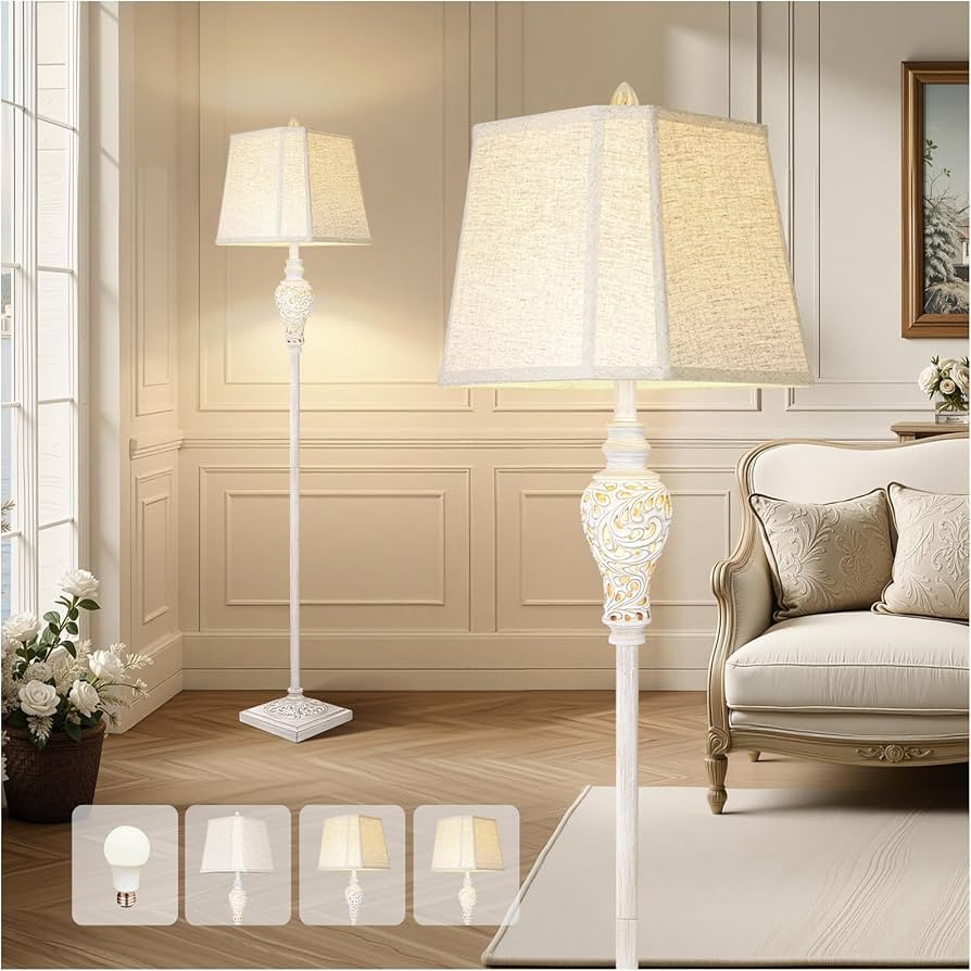 Floor Lamp for Living Room, Vintage Standing Lamp with Nightlight, 65" Tall Lamp with White Linen... | Amazon (US)