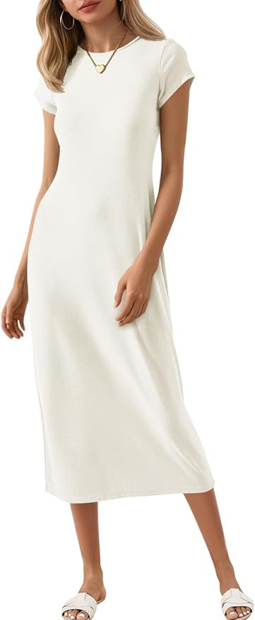 Wenrine Women's Short Sleeve T-Shirt Dress Summer Crew Neck Basic Solid Casual Long Midi Dresses | Amazon (US)