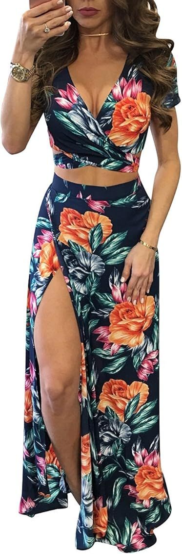 Aro Lora Women's Sexy V Neck Floral Printed Side Slit Two-Piece Maxi Dress | Amazon (US)