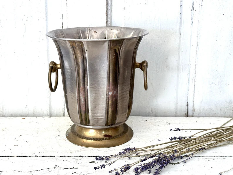 Vintage Brass and Silver Hammered Metal Champagne Bucket Ice Bucket Pedestal Base - Etsy | Etsy (US)