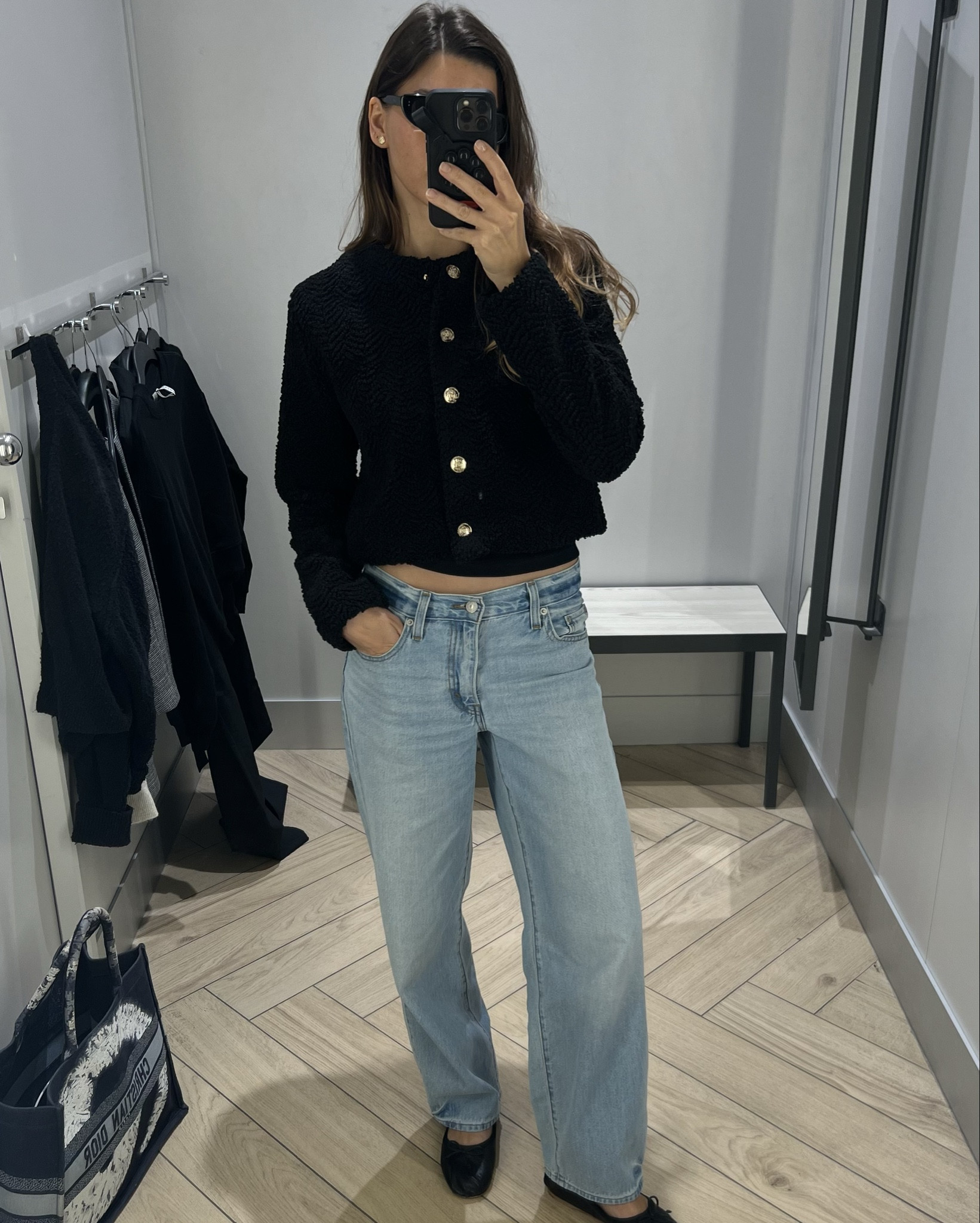 Black cardigan outfit, Boucle jacket, tweed cropped jacket, Celine jacket, black cropped jacket, autumn outfit, chic fall outfit, baggy jeans, baggy dad, wide fit jeans, Levi’s jeans, Miu Miu shoes 

#LTKFindsUnder100 #LTKFindsUnder50