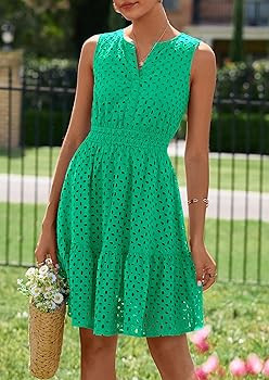 PRETTYGARDEN Women's Summer Dresses 2026 Sleeveless V Neck Eyelet Hollow Out Swing A Line Beach V... | Amazon (US)