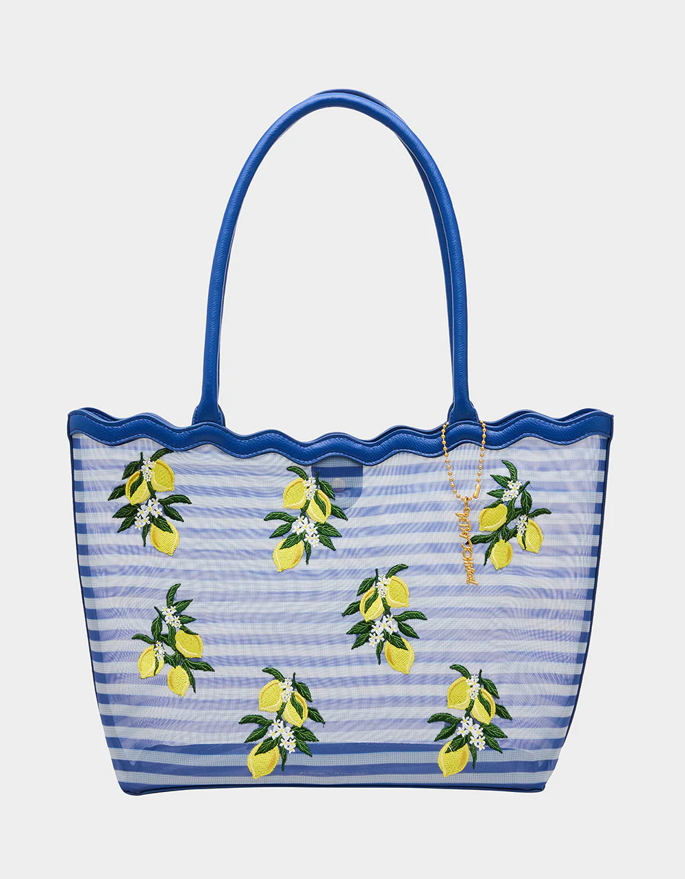 MESHIN AROUND TOTE BLUE/STRIPE Lemon Embroidered Mesh Women's Tote Handbag | Betsey Johnson