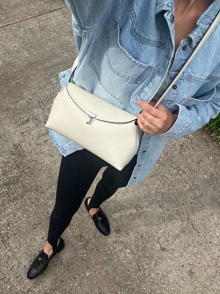 Easiest outfit. Toteme bag with the strap! Stirrup leggings, longsleeve tee and denim shirt jacket 

#LTKstyletip #LTKSeasonal #LTKitbag