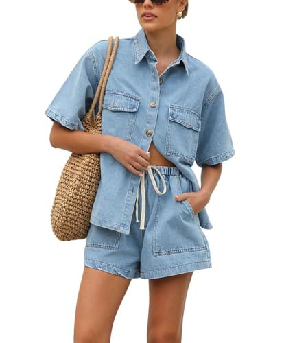 chouyatou Women's Summer Denim 2 Piece Outfits Short Sleeve Button Down Shirt Elastic Waist Wide Leg Shorts Matching Set (X-Large, Light Blue) | Amazon (US)