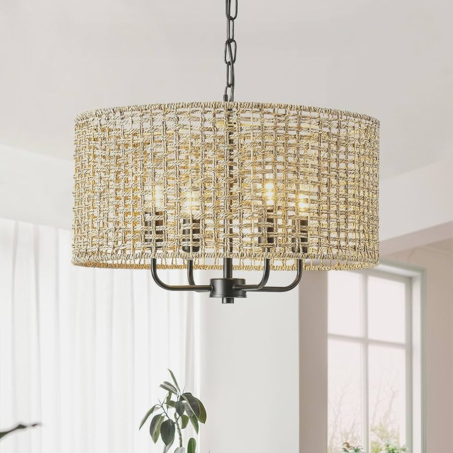 20" Hand-Woven Rattan Chandeliers for Dining Room, 4-Light Boho Wicker Drum Chandelier Farmhouse ... | Amazon (US)