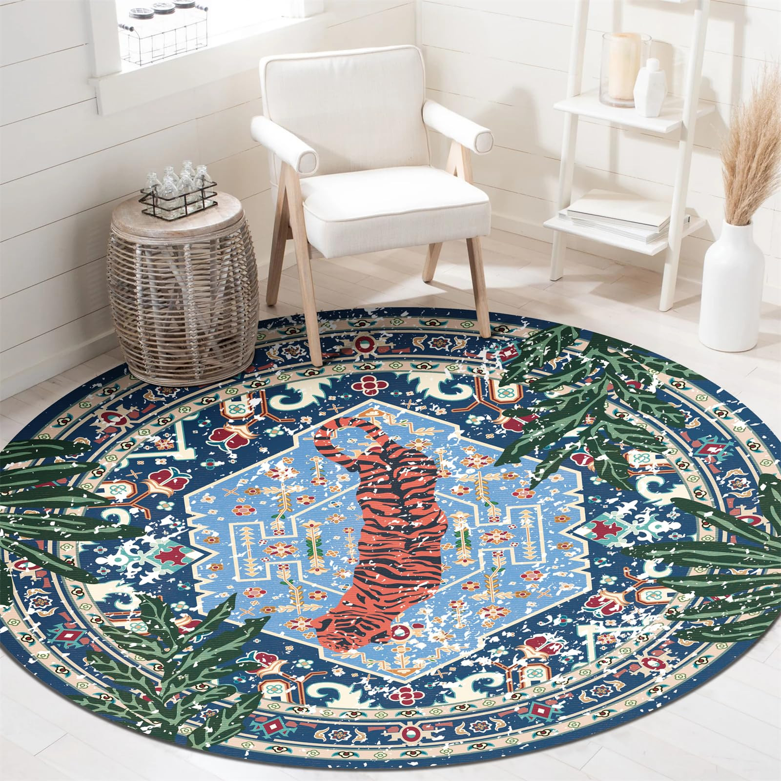 Washable Blue Rugs Thin Oriental Boho Vintage Tropical Leopard 5ft Round Area Rugs for Bedroom Ki... | Amazon (US)