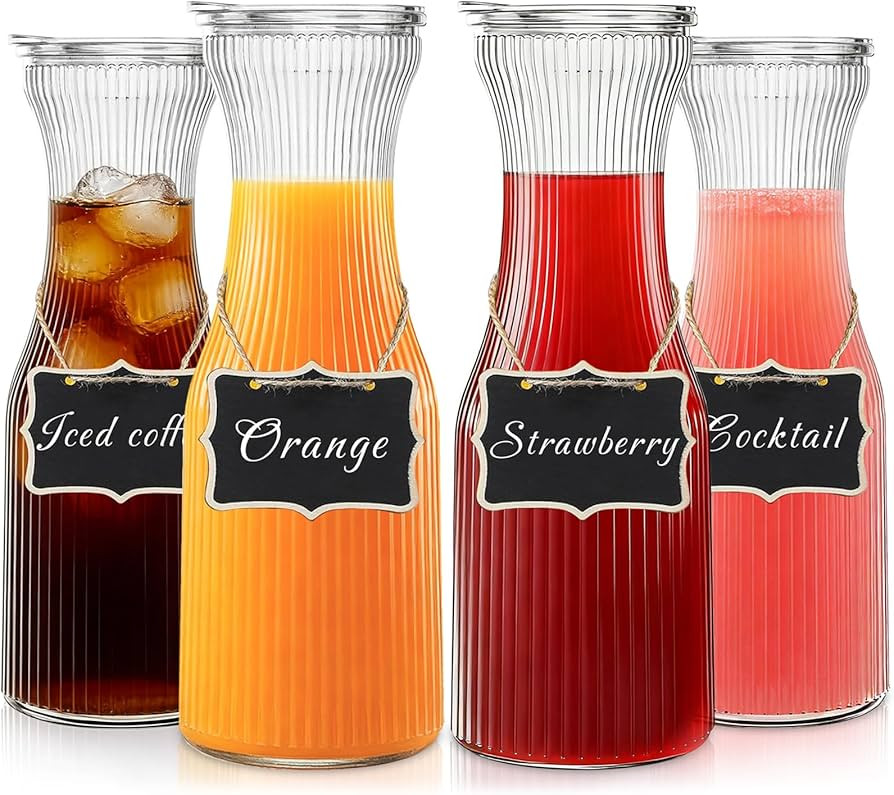 INSETLAN 1 Liter Ribbed Glass Carafe with Lid, Set of 4- Juice Carafe for Mimosa Bar, Brunch,Part... | Amazon (US)