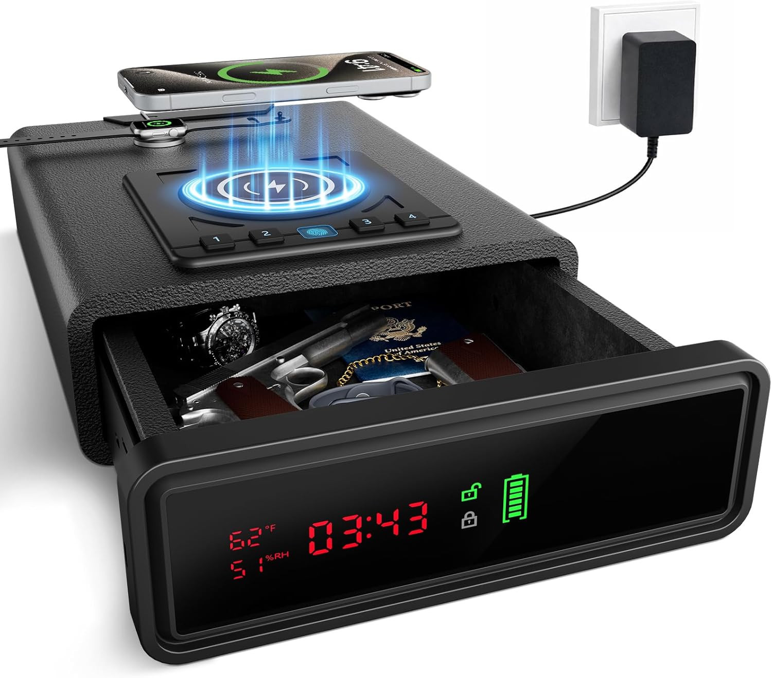 XDeer Biometric Handgun Safe with Wireless Charging Fingerprint Quick Access LED Clock Display and Bedside Pistol Storage one_size | NEW-WX001 | Lowe's