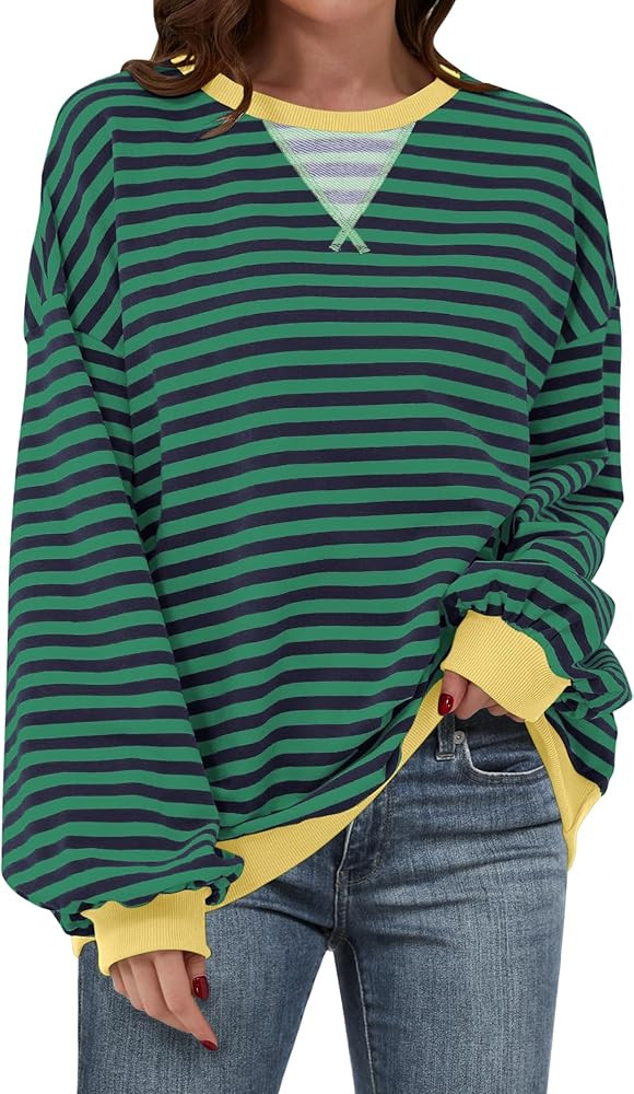 ANRABESS Women Striped Sweatshirt Long Sleeve Shirts Crewneck Oversized Casual Pullover Top 2024 ... | Amazon (US)