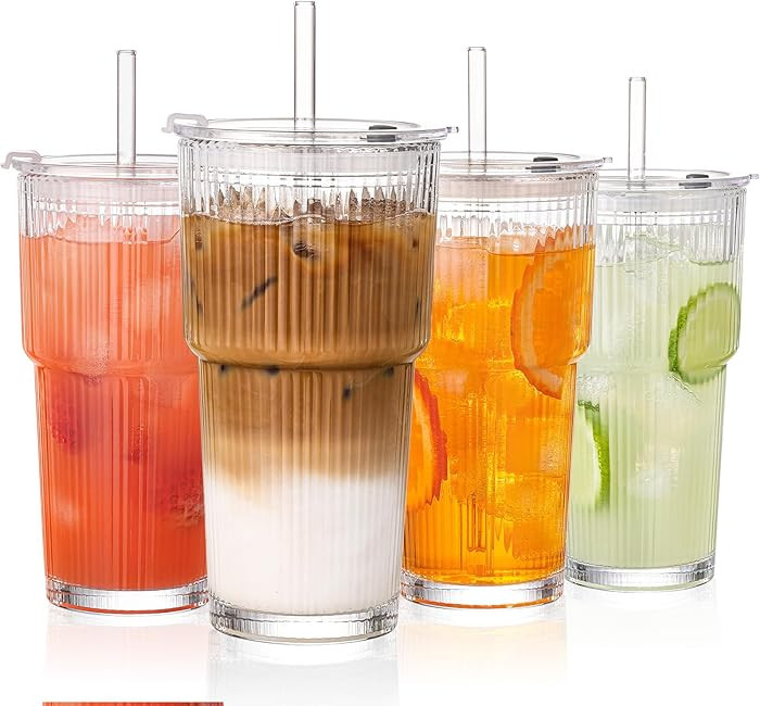 GOSCHE 20oz Glass Tumblers with Straws and Lids, Ribbed Iced Coffee Cups Leak-proof, Dishwasher S... | Amazon (US)