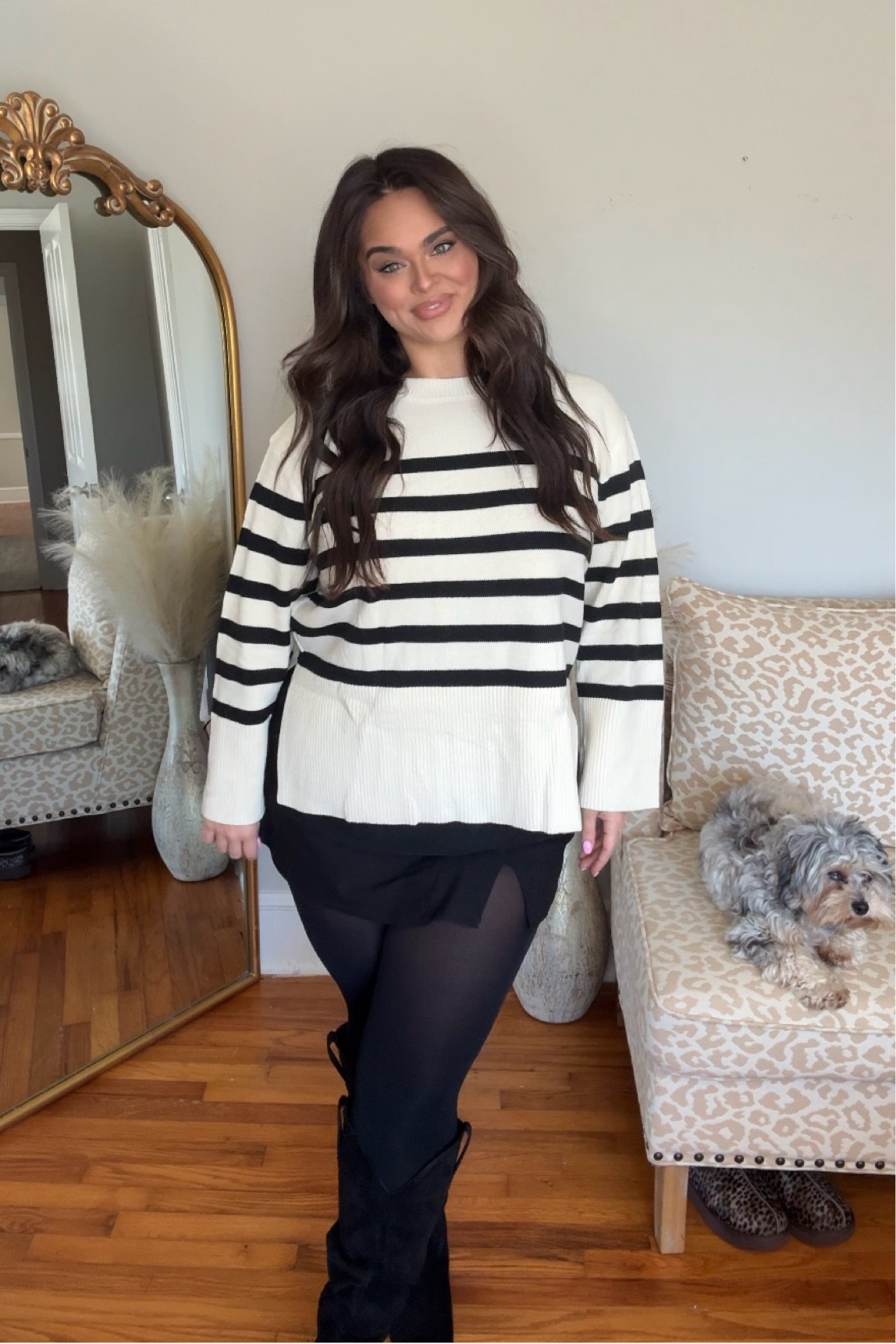 Wearing a size a large and the sweater and the skort! The skort is VERY stretchy. I may even be able to get away with doing a medium. I just don’t think it would be long enough! The boots are wide calf I have 16 1/2 inch calves in the plain wide calf boot 🖤 

#LTKMidsize #LTKFindsUnder50 #LTKStyleTip