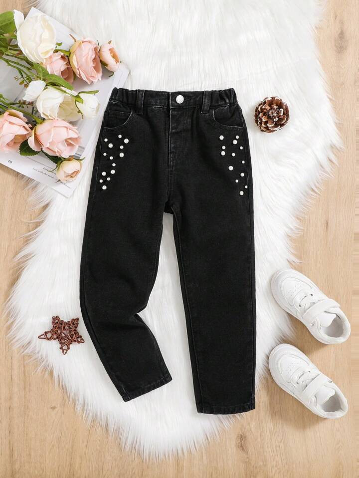 SHEIN Young Girl Pearls Beaded Detail Straight Leg Jeans | SHEIN