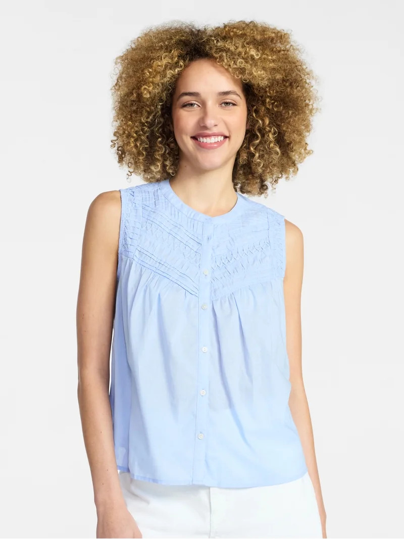 Time and Tru Women’s Pleated Cotton Sleeveless Top, Sizes XS-XXXL | Walmart (US)