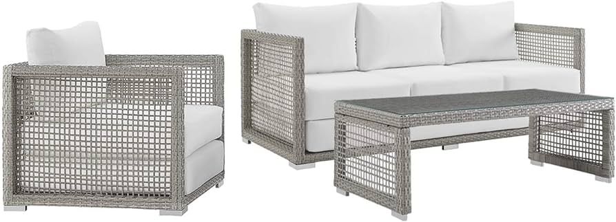 Modway Aura Outdoor Patio Wicker Rattan Sofa, Armchair and Coffee Table in Gray White | Amazon (US)