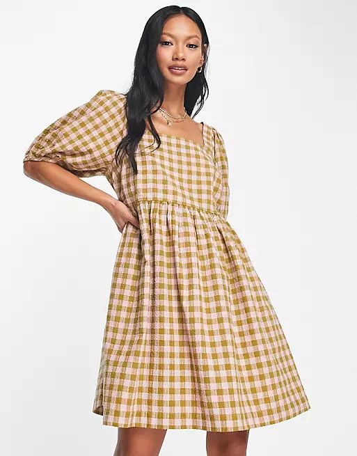 Madewell square neck puff sleeve mini dress in olive plaid | ASOS (Global)
