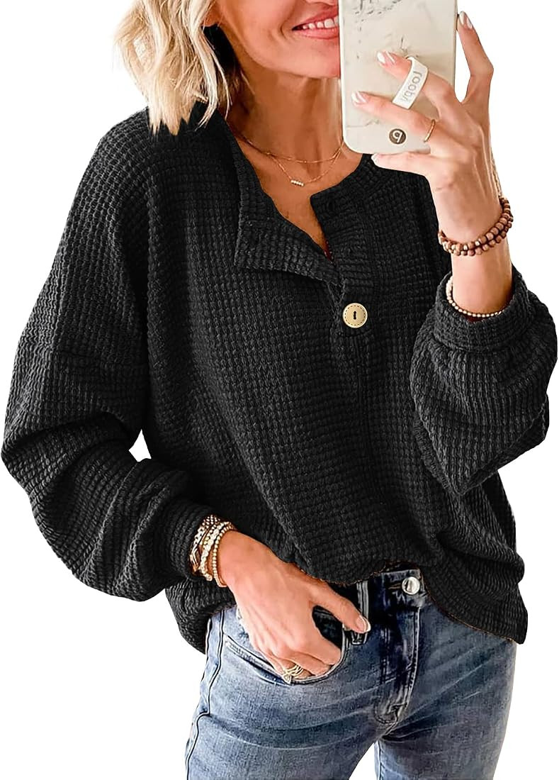 Inorin Womens Waffle Knit Button Down Henley Tops Long Sleeve V Neck Sweater Pullover | Amazon (US)