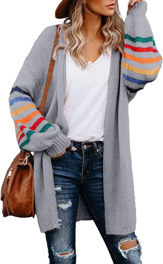 Dokotoo Women's Long Open Front Cardigans Striped Color Block Loose Knit Sweaters Outwear Coat | Amazon (US)