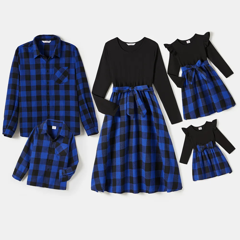 Family Matching Blue Long-sleeve Splicing Plaid Dresses and Polo Shirts Sets | PatPat
