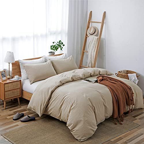 100% Washed Cotton Duvet Cover Queen Size, Beige Fade-Resistant Linen Like Natural Bedding Set (N... | Amazon (US)
