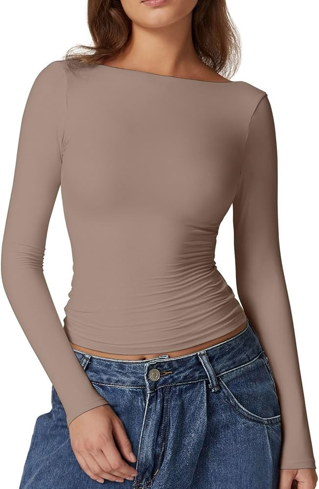 QINSEN Women's Sexy Open Back Long Sleeve Shirts High Neck Double Lined Tees Fitted Going Out Top... | Amazon (US)