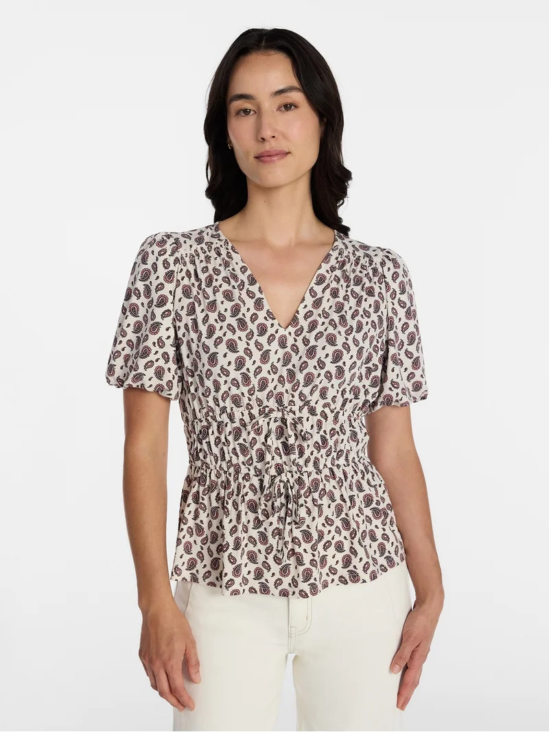 Time and Tru Women's and Women's Plus V Neck Shirred Peplum Top, Sizes XS-XXXL | Walmart (US)