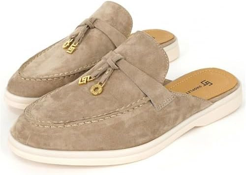 Women Slip On Suede Mules Round Toe Casual Slippers Metal Decor Tassel Flat Loafers | Amazon (US)