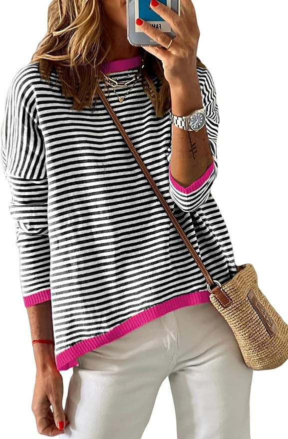 Dokotoo Womens Crewneck Long Sleeve Sweaters Casual Striped Color Block Drop Shoulder Cotton Pull... | Amazon (US)