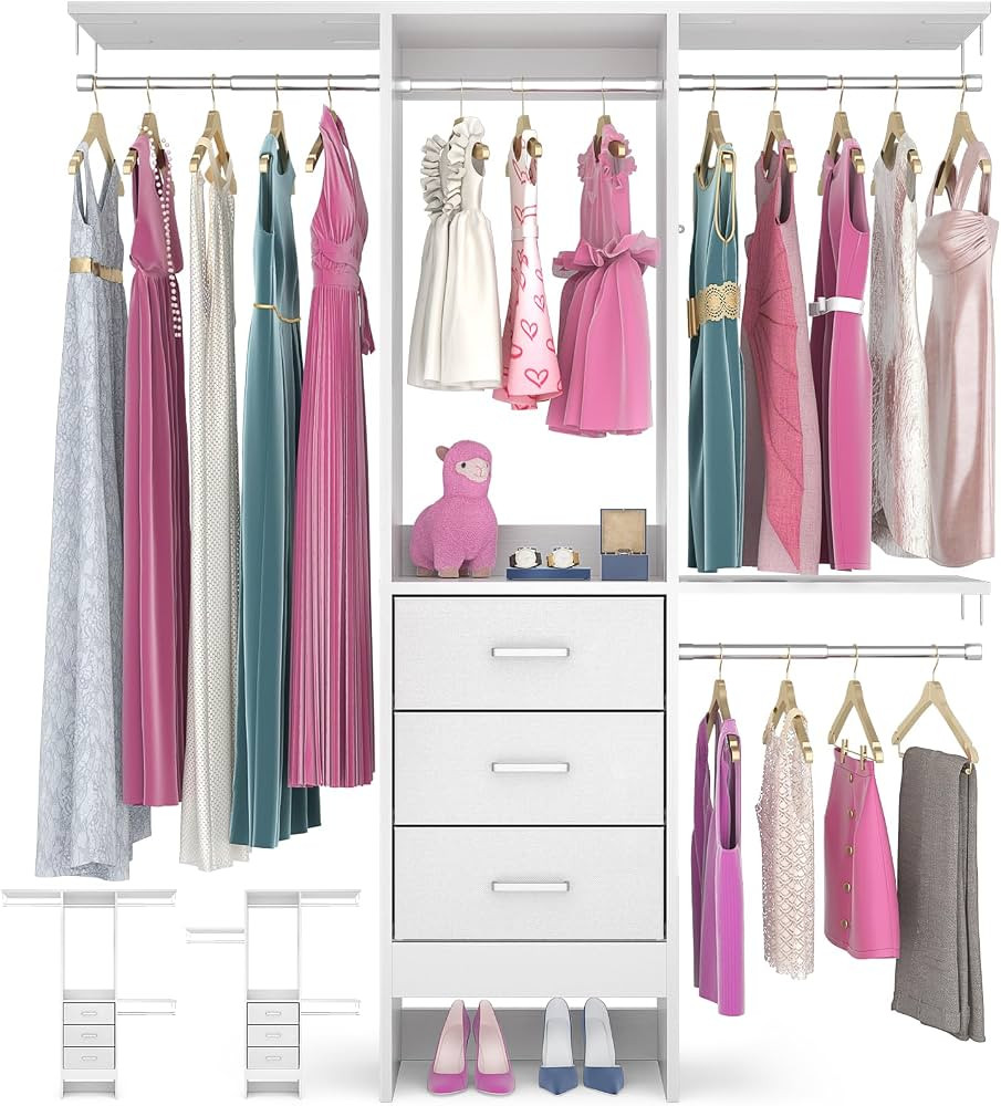 4FT Small Closet System with 3 Fabric Drawers, 48'' Closet Organizer System With 3 Adjustable Shelves, Flexible Built-In Clothes Garment Rack for Small Space, 48" L x 13" W x 71" H, White | Amazon (US)