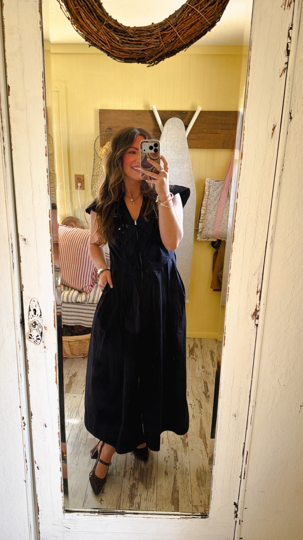 Walmart dress for church today 🫶🏼 love this classic silhouette and the navy color. Has pockets and a small knee high slit. V-neck with a flutter sleeve. Wearing my true size an XS and I’m 5’2”. I think you could size down especially if in between sizes. I do wish it was tighter on my waist! Old navy classic short heel with a pointed toe in a wine color  

#LTKootd #LTKPetite #LTKgrwm