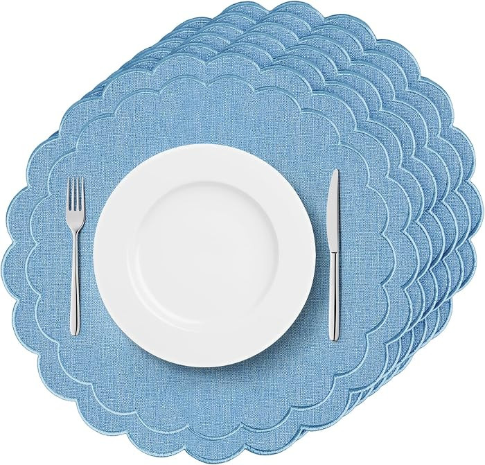 Set of 6 Blue Cotton Linen Placemats, 15x15 Scalloped Flower Embroidery Cloth Table Mats Double L... | Amazon (US)