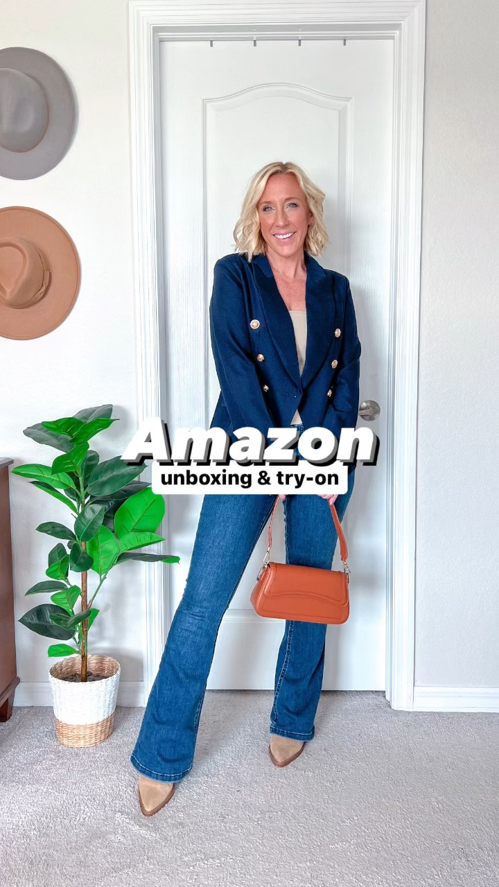 Amazon unboxing finds:
1. Eyelet top - size small.
2. Chunky sweater - size small.
3. Bike shorts w/ side pockets: 1st - size small (has more compression & front seam). 2nd - size small (less compression, no front seam).
4. Workout top - size medium.
5. Navy blazer - size medium.
6. Purse (come in other colors). 
• jeans (from maurices) - size 4, regular length, curvy fit.

#LTKVideo #LTKSeasonal #LTKfindsunder50