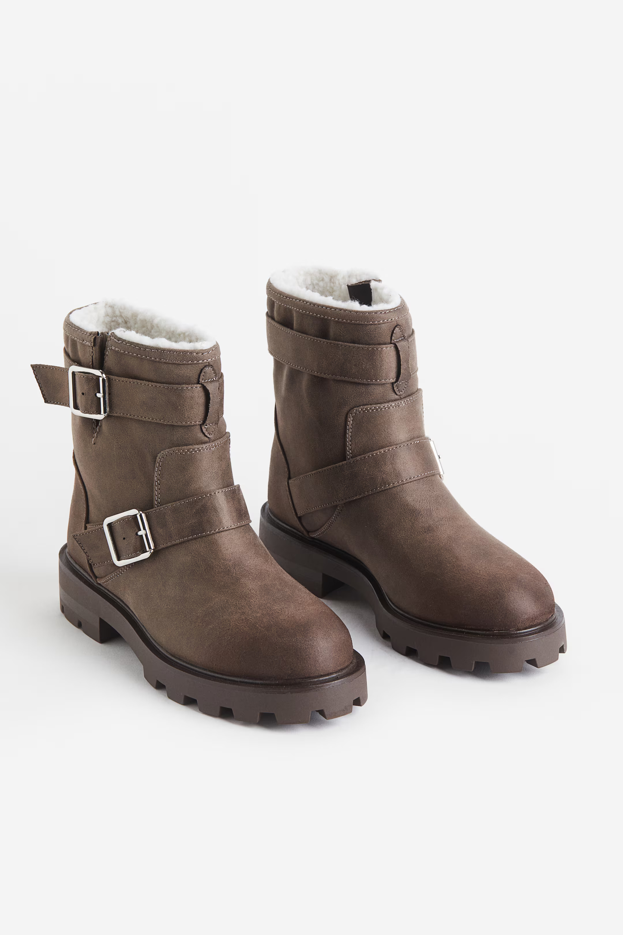 Teddy-lined Biker Boots - Low heel - Dark taupe - Ladies | H&M US | H&M (US + CA)