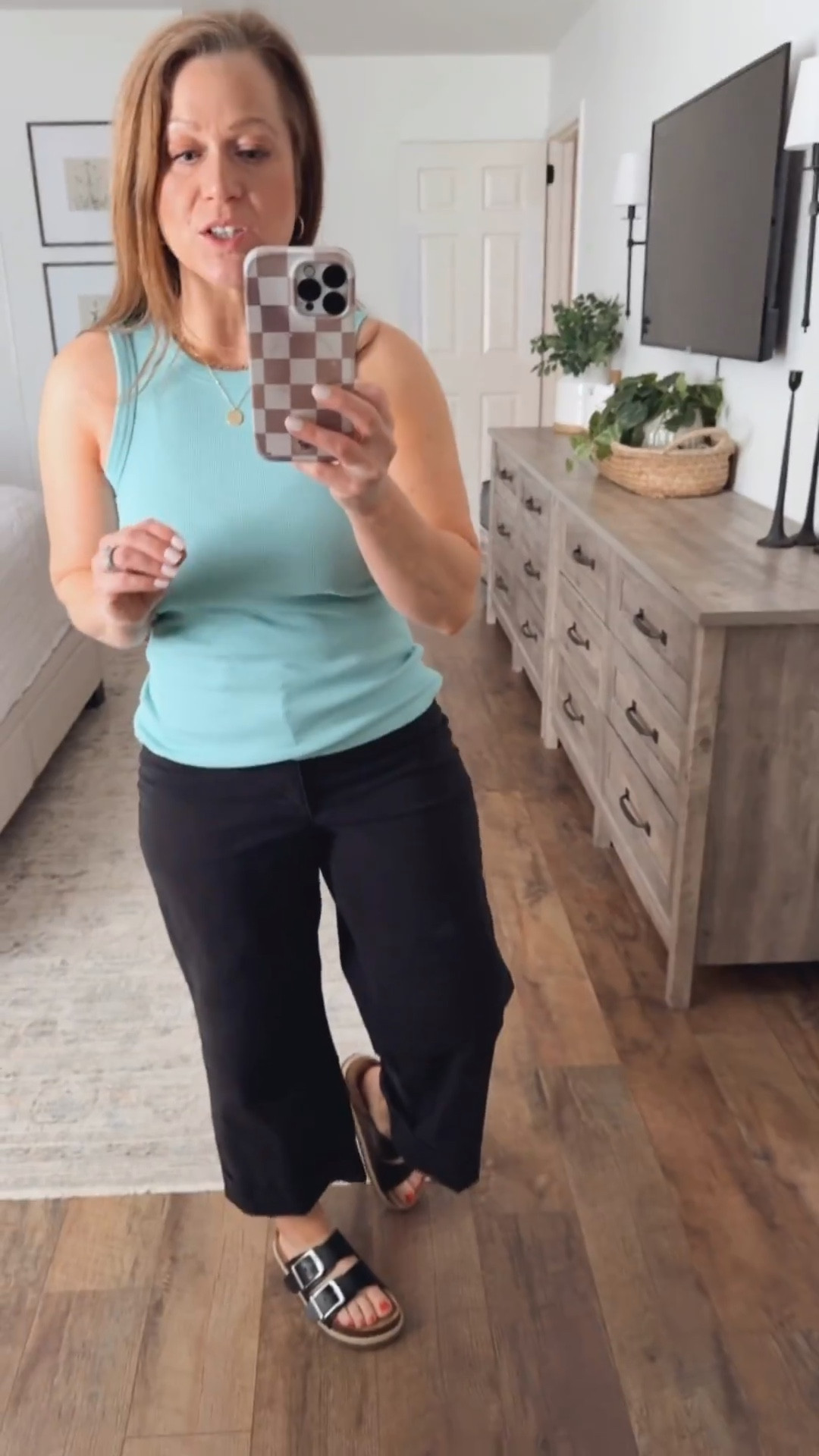 Spring/summer outfit inspo 
High neck tank
Wide leg cropped pants
Sandals  

#LTKootd #LTKmomlife #LTKPetite