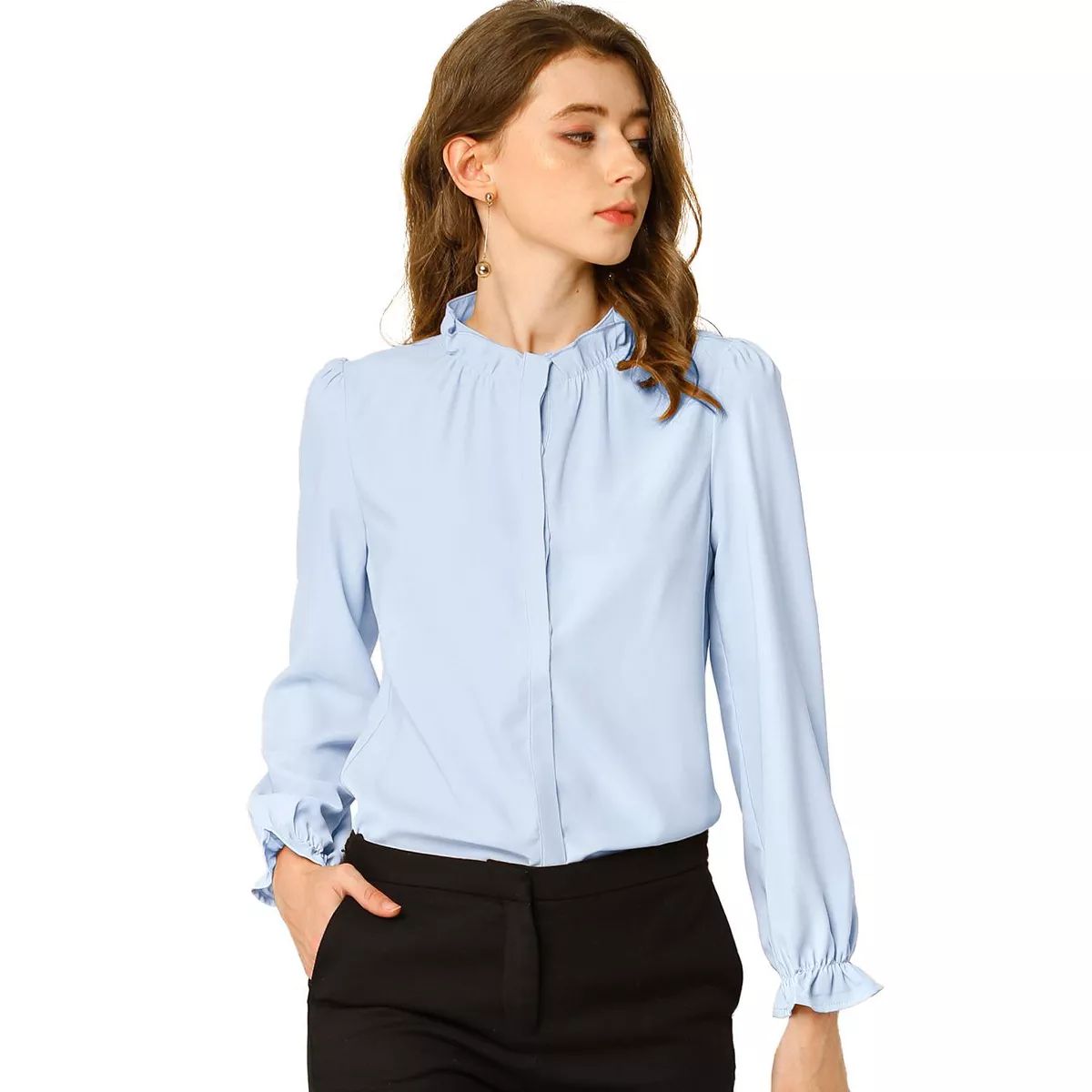 Allegra K Women's Button-Down Work Office Chiffon Ruffled Stand Collar Blouse | Target