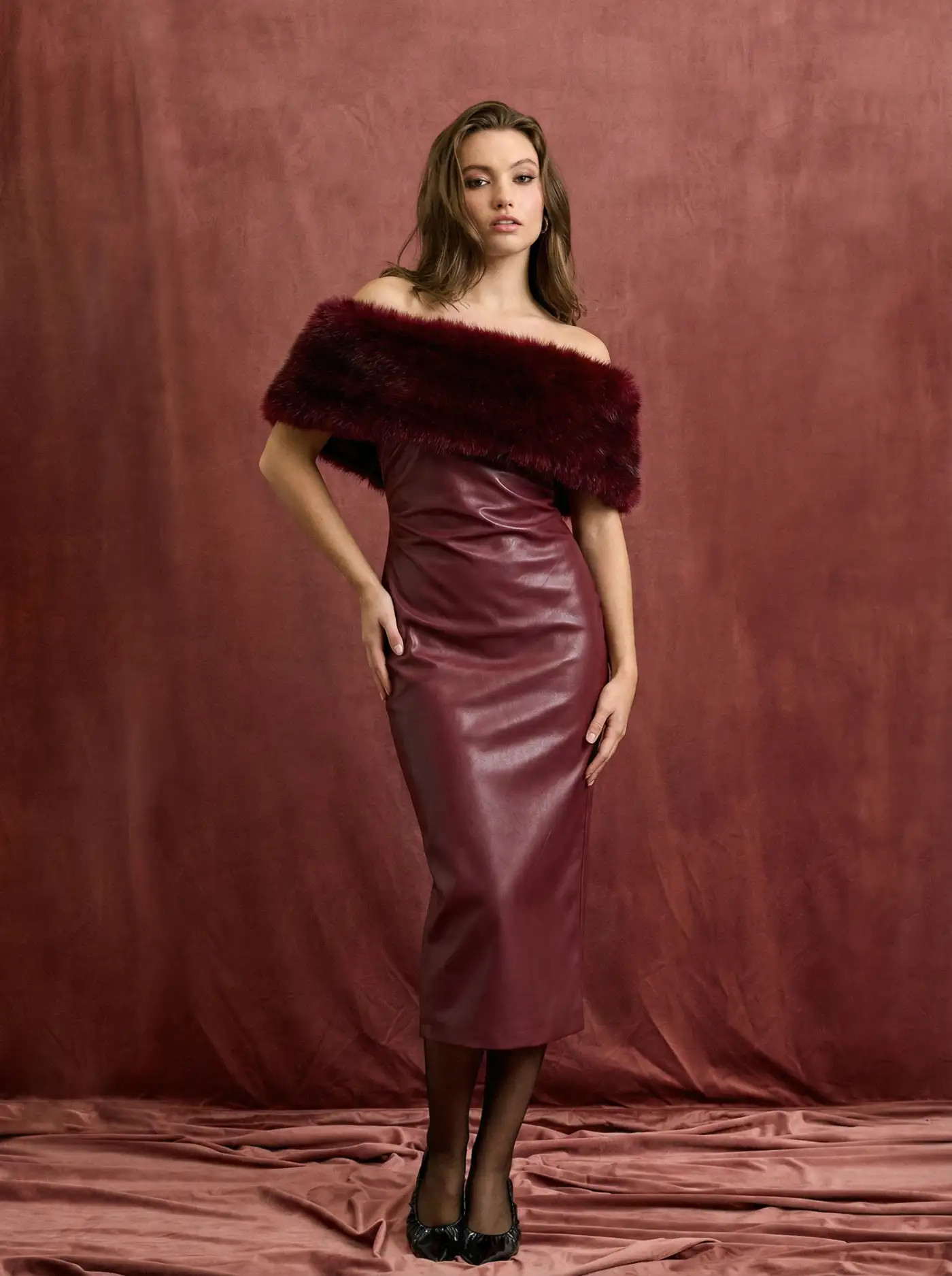 Faux Leather Bandeau Ruched Split Maxi Bobycon Dress With Faux Fur Shrug | Cider