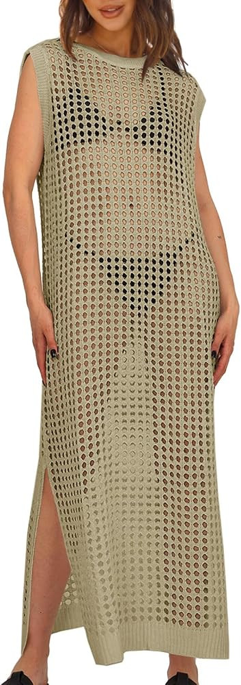 Saodimallsu Womens Crochet Swimsuit Coverup Summer Sleeveless Hollow Out Knit Crewneck Side Split... | Amazon (US)