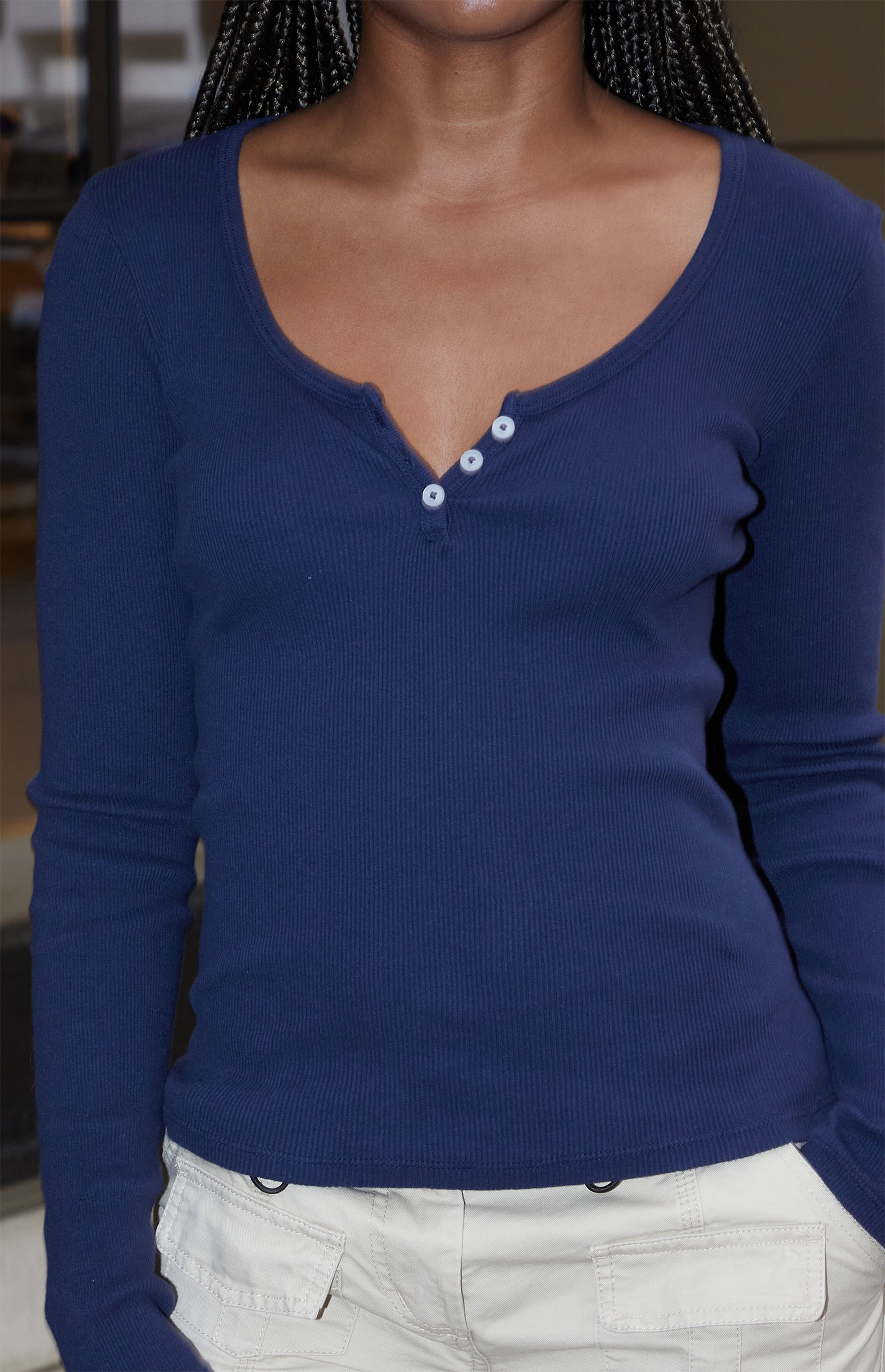 John Galt Navy Notched Henley Long Sleeve Top | PacSun