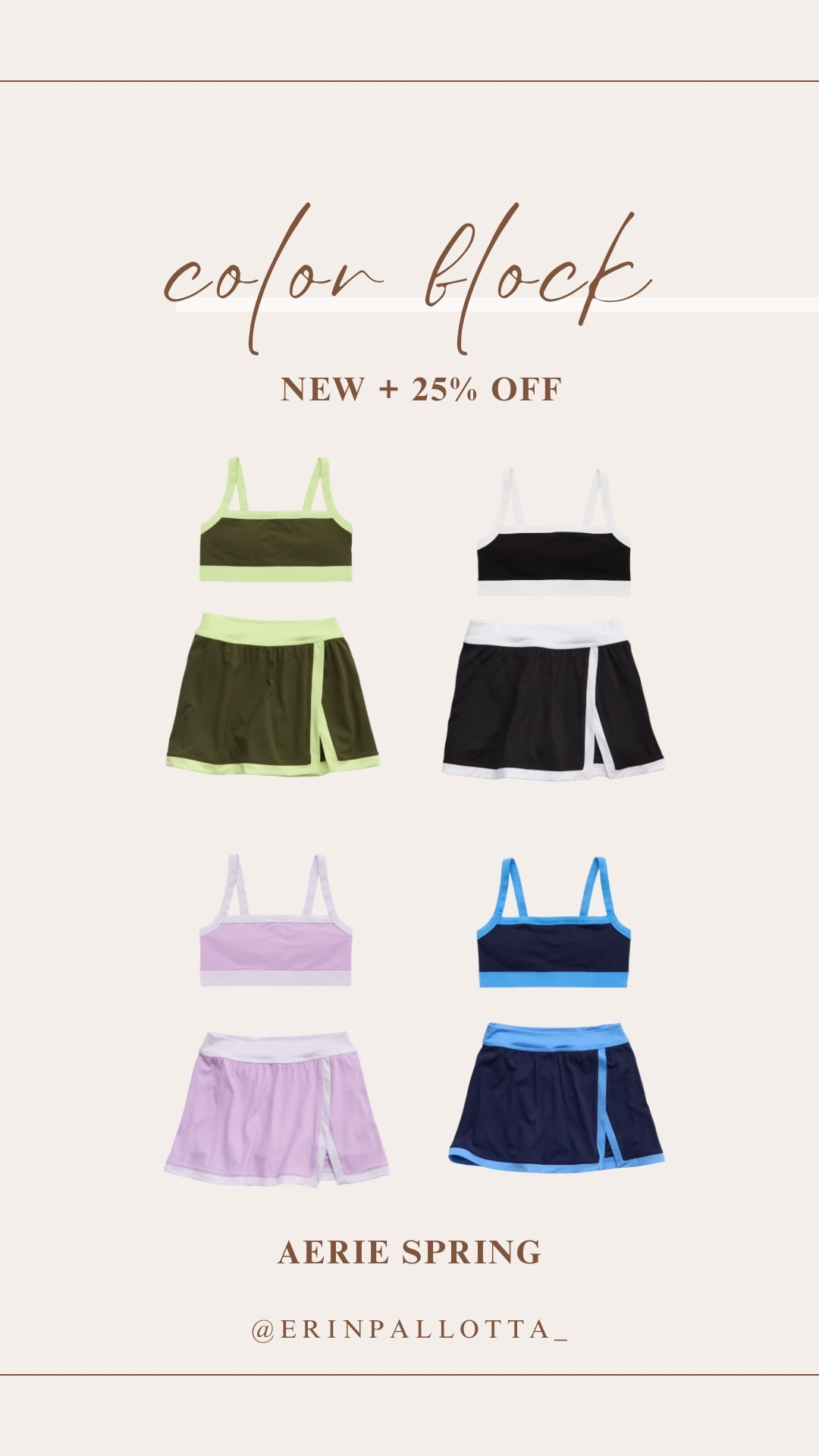 How fun are these color block sets from Aerie! These are perfect for pickleball and Pilates.

Sports bras, athletic skorts (with pockets!) and leggings are brand new this week and currently 25% off. 

I’m loving the lilac for spring and the blue will look so good with a spring break tan. And the black & white set is giving major Parent Trap vibes. 

Removable pads on the sports bra, pockets on the skort, and leggings come in short/regular/tall lengths. Sizes XXS-XXL.

#LTKActive #LTKSaleAlert #LTKfitnessgoals