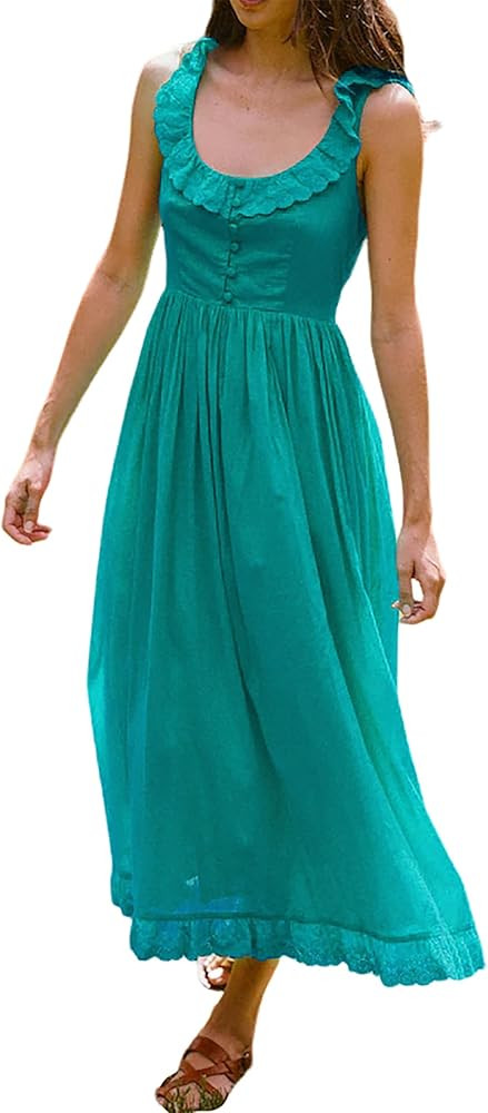 R.Vivimos Womens Summer Cotton Sleeveless Midi Dresses Vintage Lace Trim Button Up Tie Waist Casu... | Amazon (US)